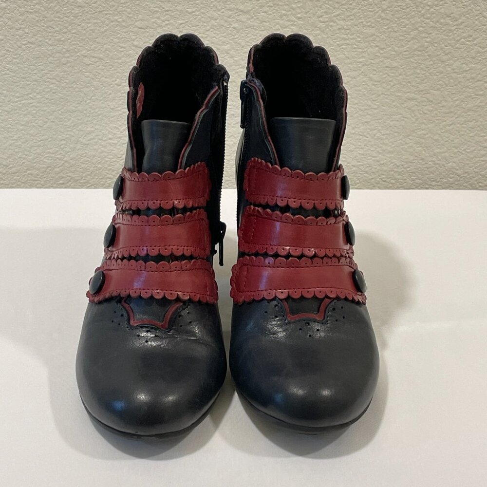 Women's Black and Burgundy Ankle Booties with Decorative Straps